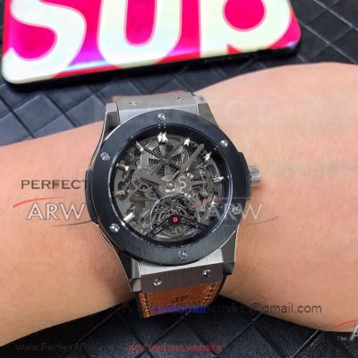 Perfect Replica Hublot Classic Fusion Black Steel Bezel Hollow Tourbillon Face 43mm Watch